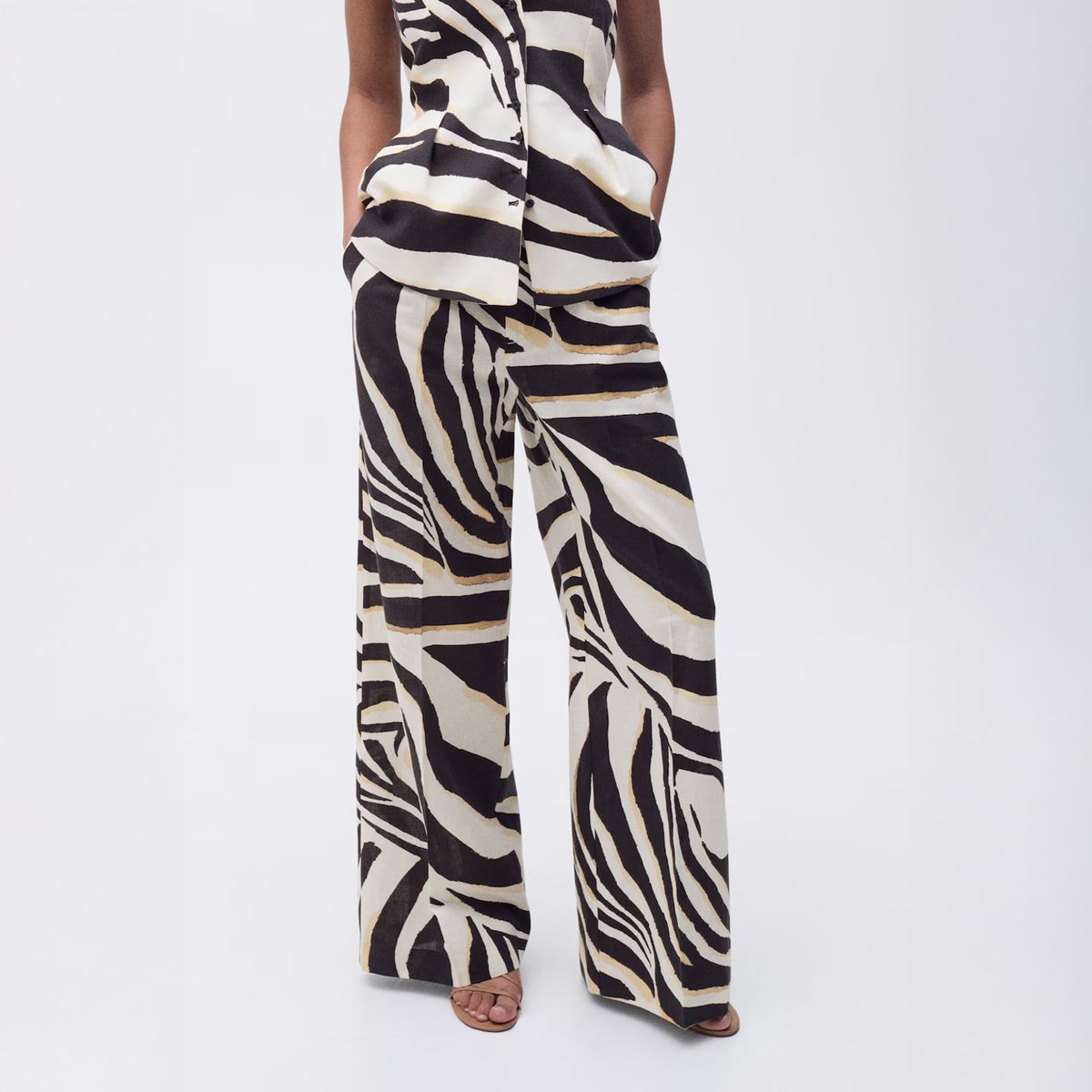 MANGO - Pantalón Lino Wideleg Cebra Mujer Mango