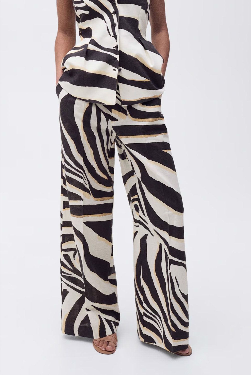 MANGO - Pantalón Lino Wideleg Cebra Mujer Mango