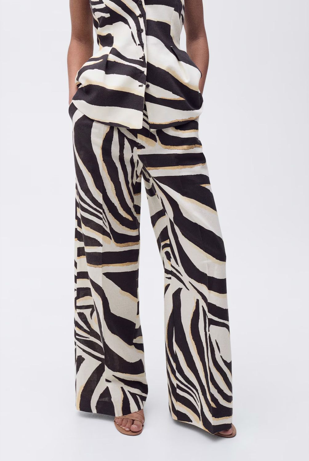 MANGO - Pantalón Lino Wideleg Cebra Mango Mujer