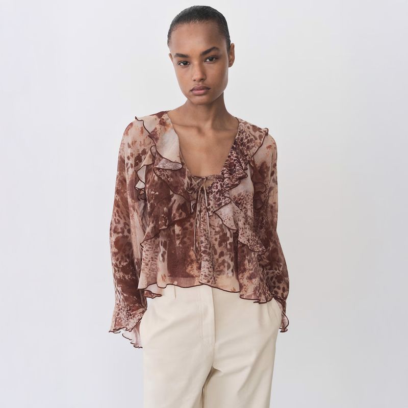 MANGO - Blusa Estampada Volantes Detalle Lazo Mujer Mango