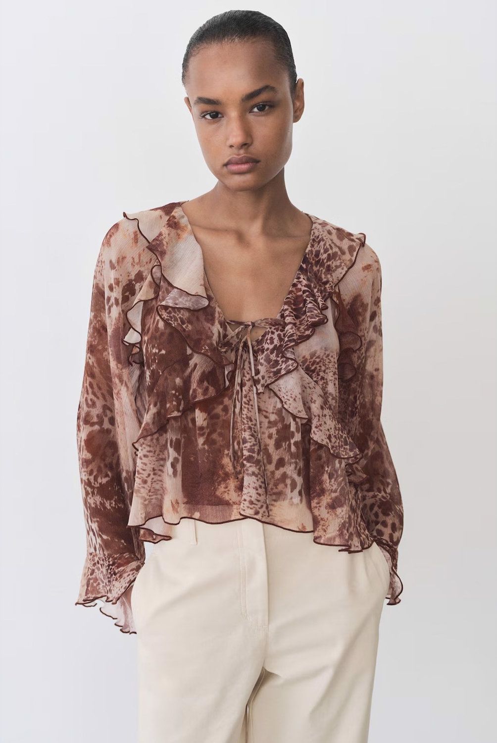 MANGO - Blusa Estampada Volantes Detalle Lazo Mujer Mango