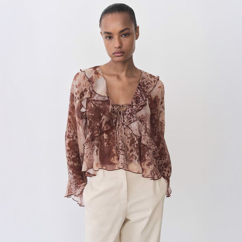 MANGO - Blusa Estampada Volantes Detalle Lazo Mujer Mango
