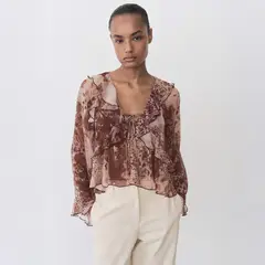 MANGO - Blusa Estampada Volantes Detalle Lazo Mujer