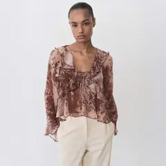 MANGO - Blusa Estampada Volantes Detalle Lazo Mujer