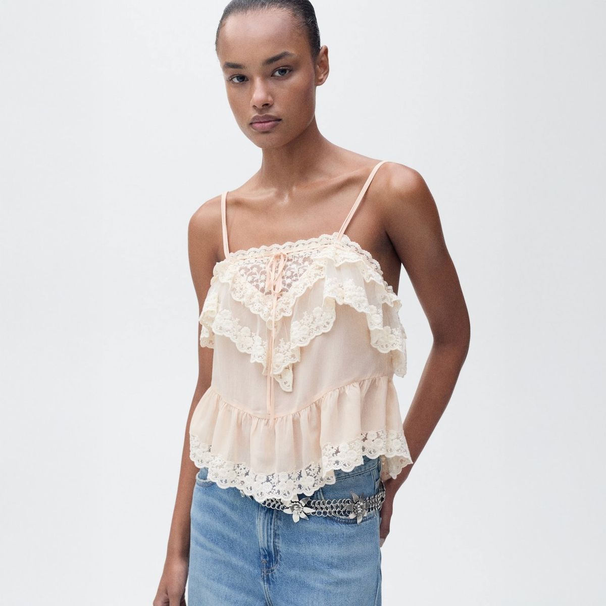 MANGO - Top Volantes Detalle Encaje Mujer Mango