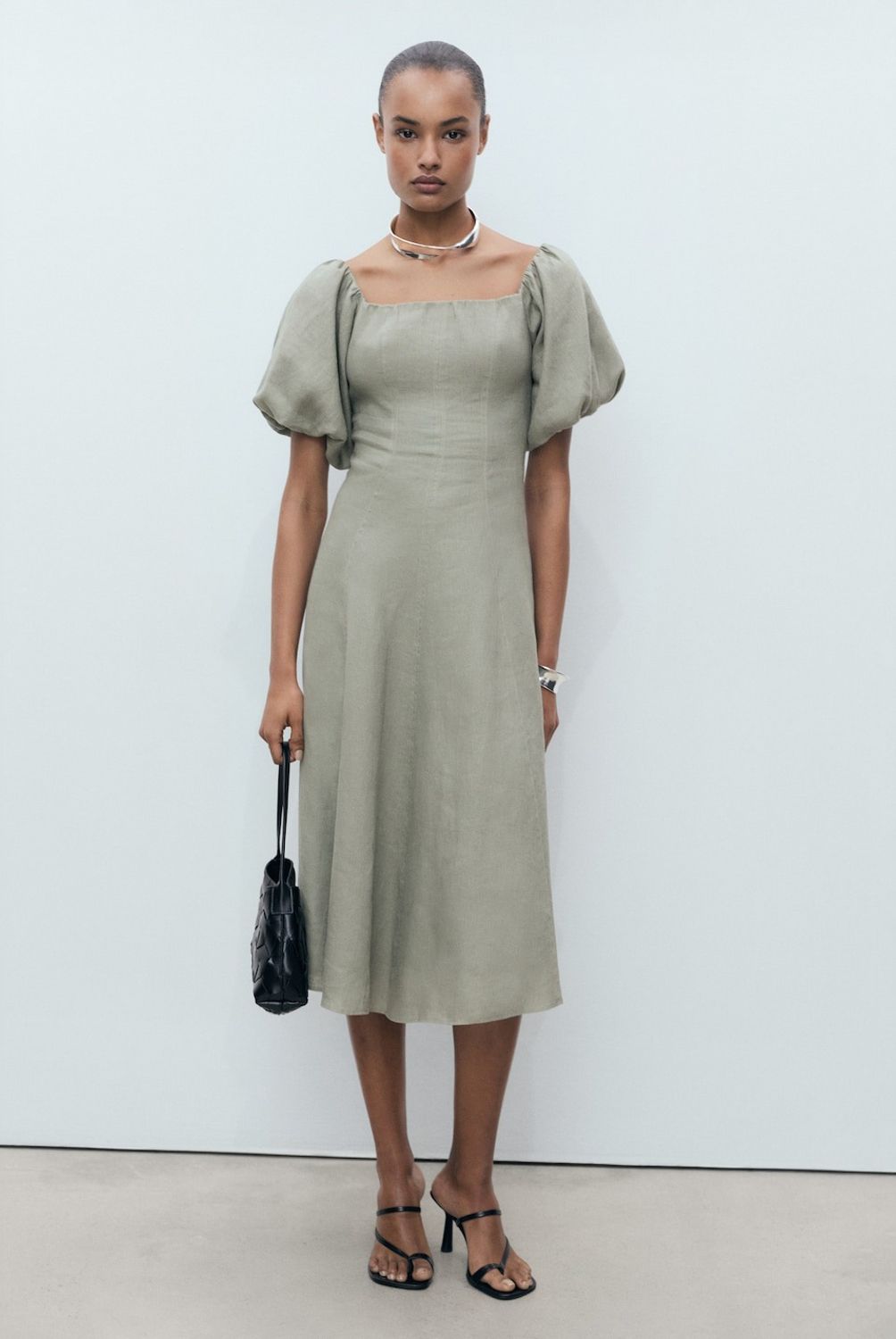 MANGO - Vestido Lino Manga Abullonada Mujer Mango