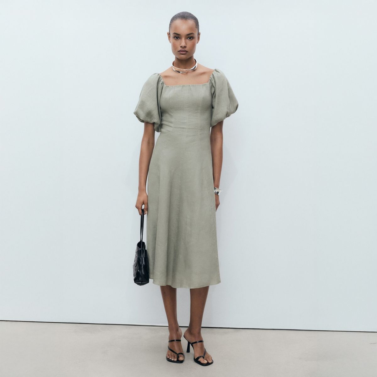 MANGO - Vestido Lino Manga Abullonada Mujer Mango