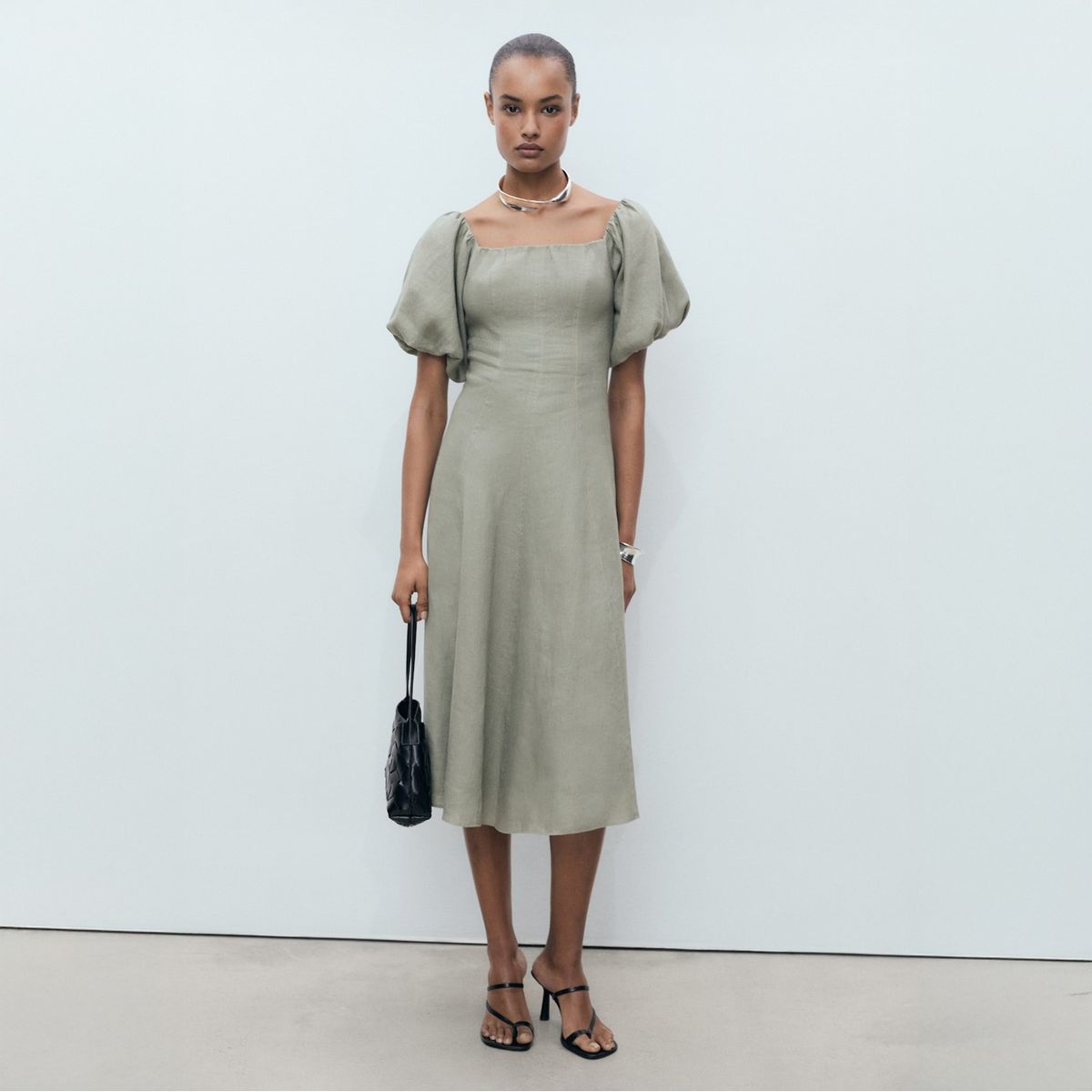 MANGO - Vestido Lino Manga Abullonada Mujer Mango