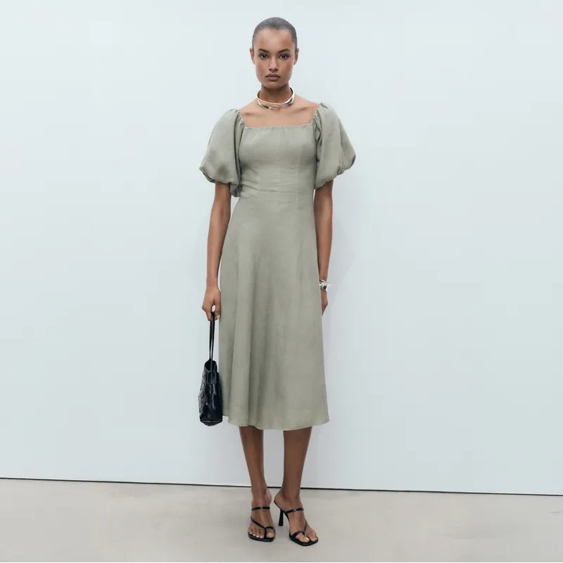 MANGO - Vestido Lino Manga Abullonada Mujer Mango