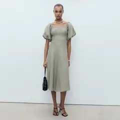 MANGO - Vestido Lino Manga Abullonada Mujer
