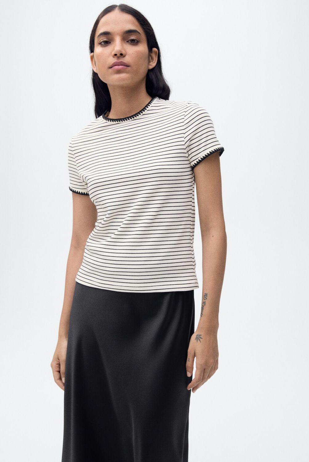 MANGO - Polera Algodón Ribetes Contraste Mujer Mango