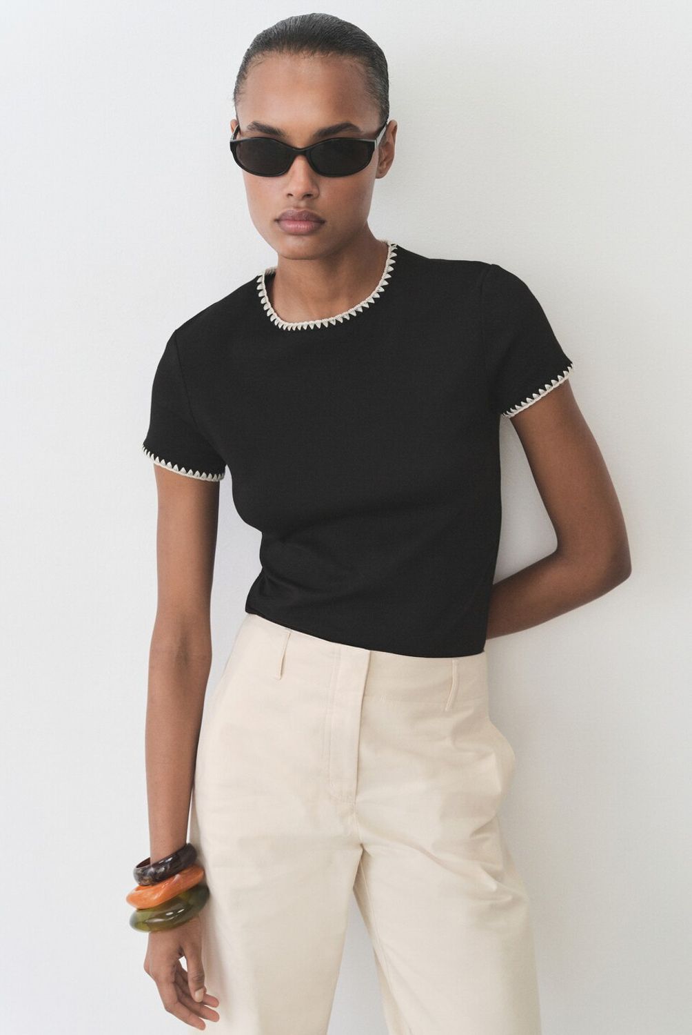 MANGO - Polera Algodón Ribetes Contraste Mujer Mango