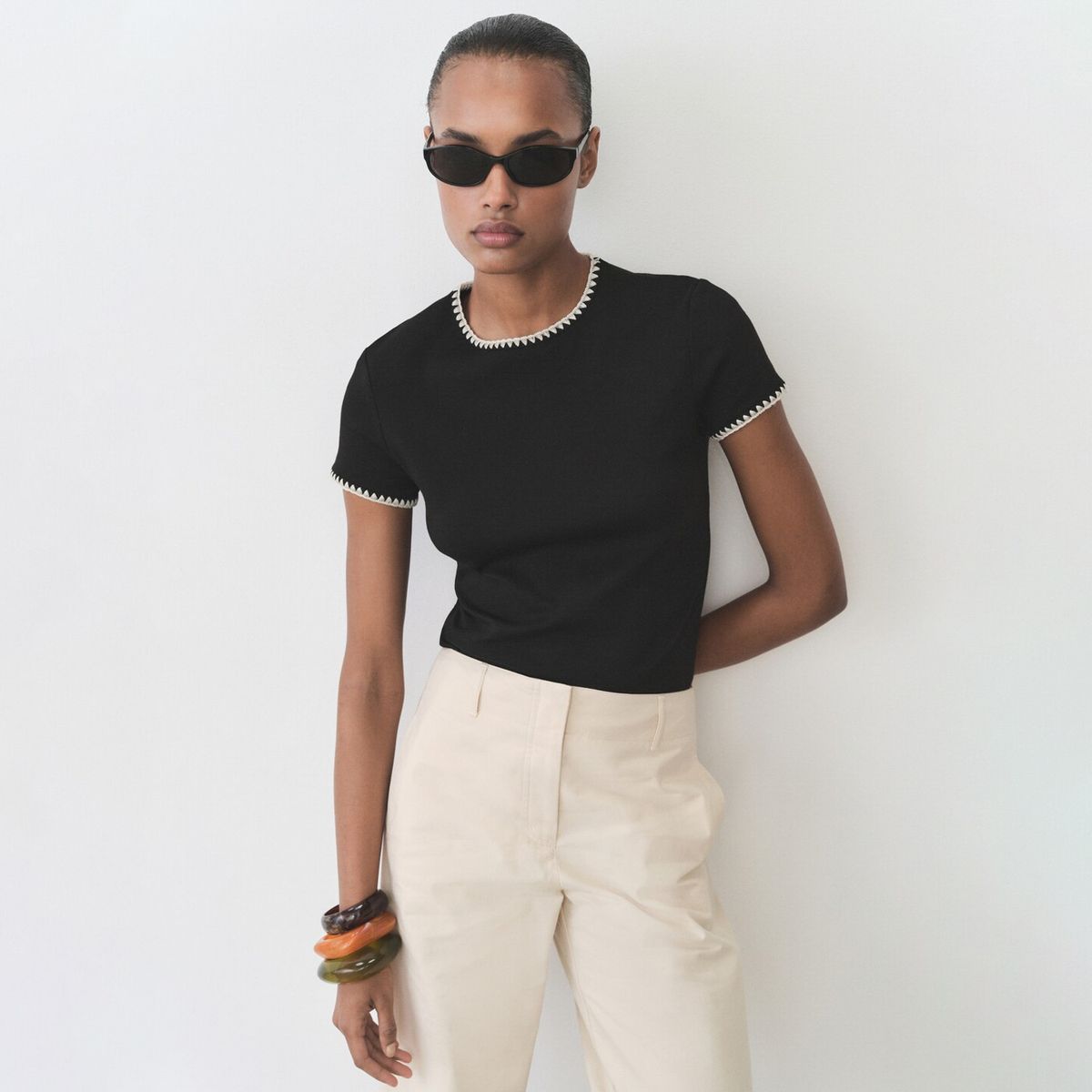 MANGO - Polera Algodón Ribetes Contraste Mujer Mango