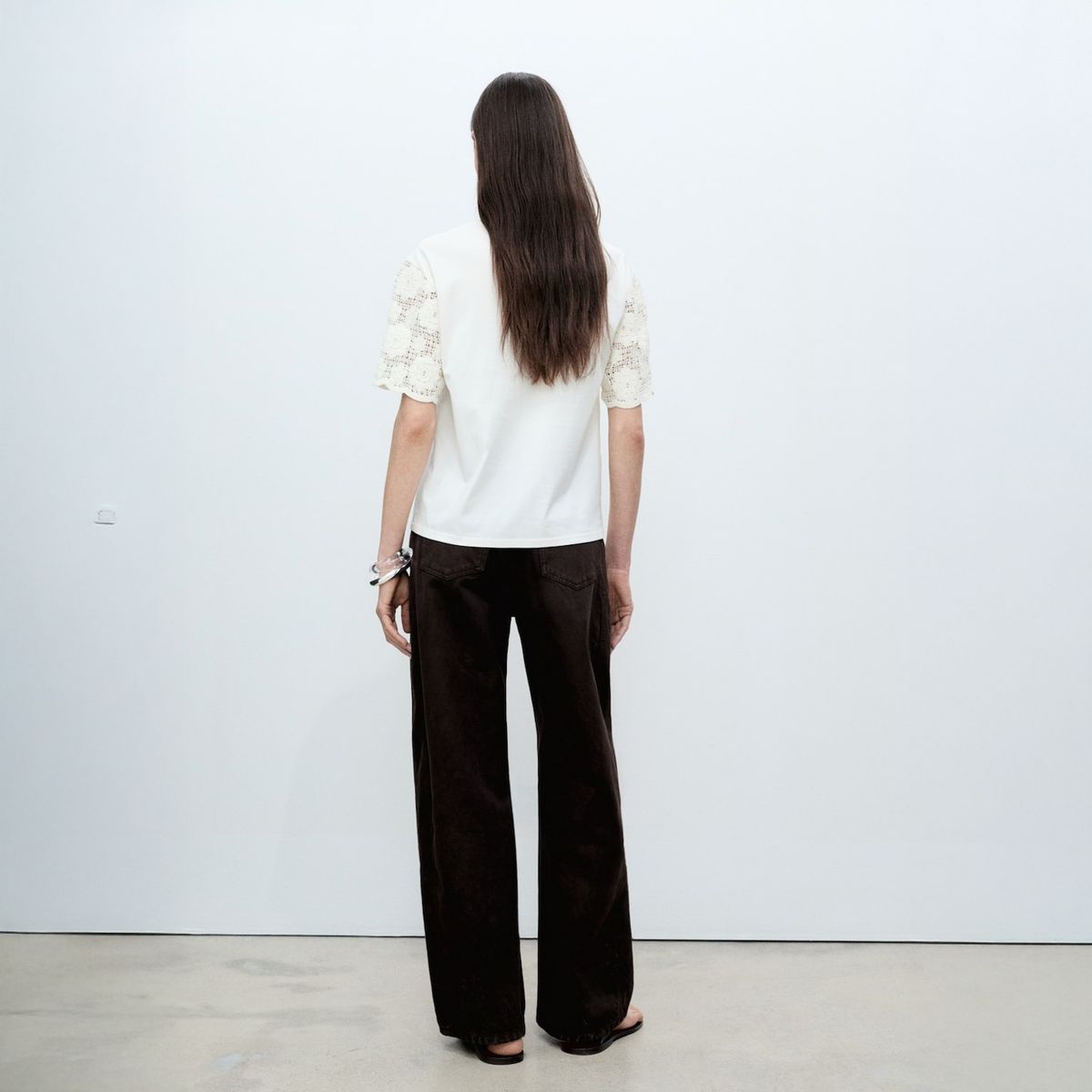 MANGO - Polera Algodón Mangas Crochet Mujer Mango