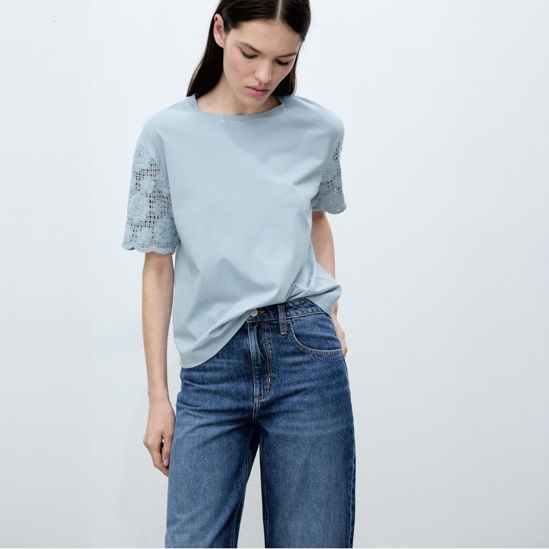 MANGO - Polera Algodón Mangas Crochet Mujer Mango