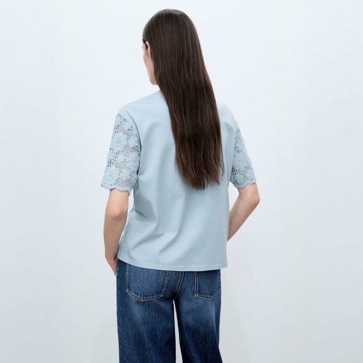 MANGO - Polera Algodón Mangas Crochet Mujer Mango