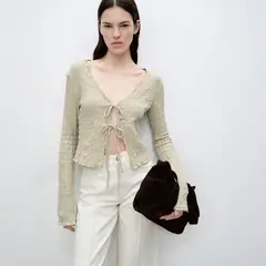 MANGO - Cárdigan Algodón Textura Lazos Mujer
