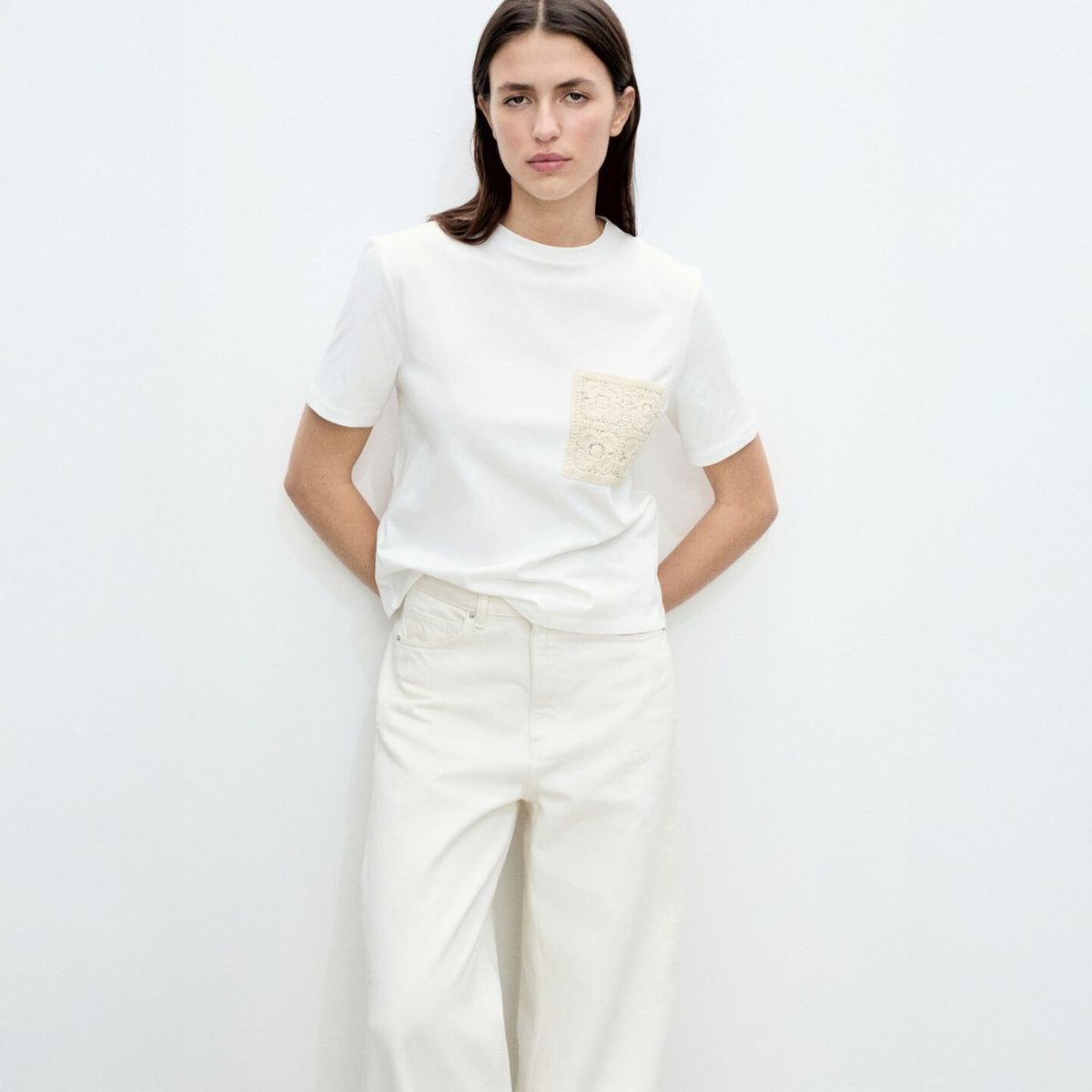 MANGO - Polera Manga Corta Bolsillo Crochet Mujer Mango