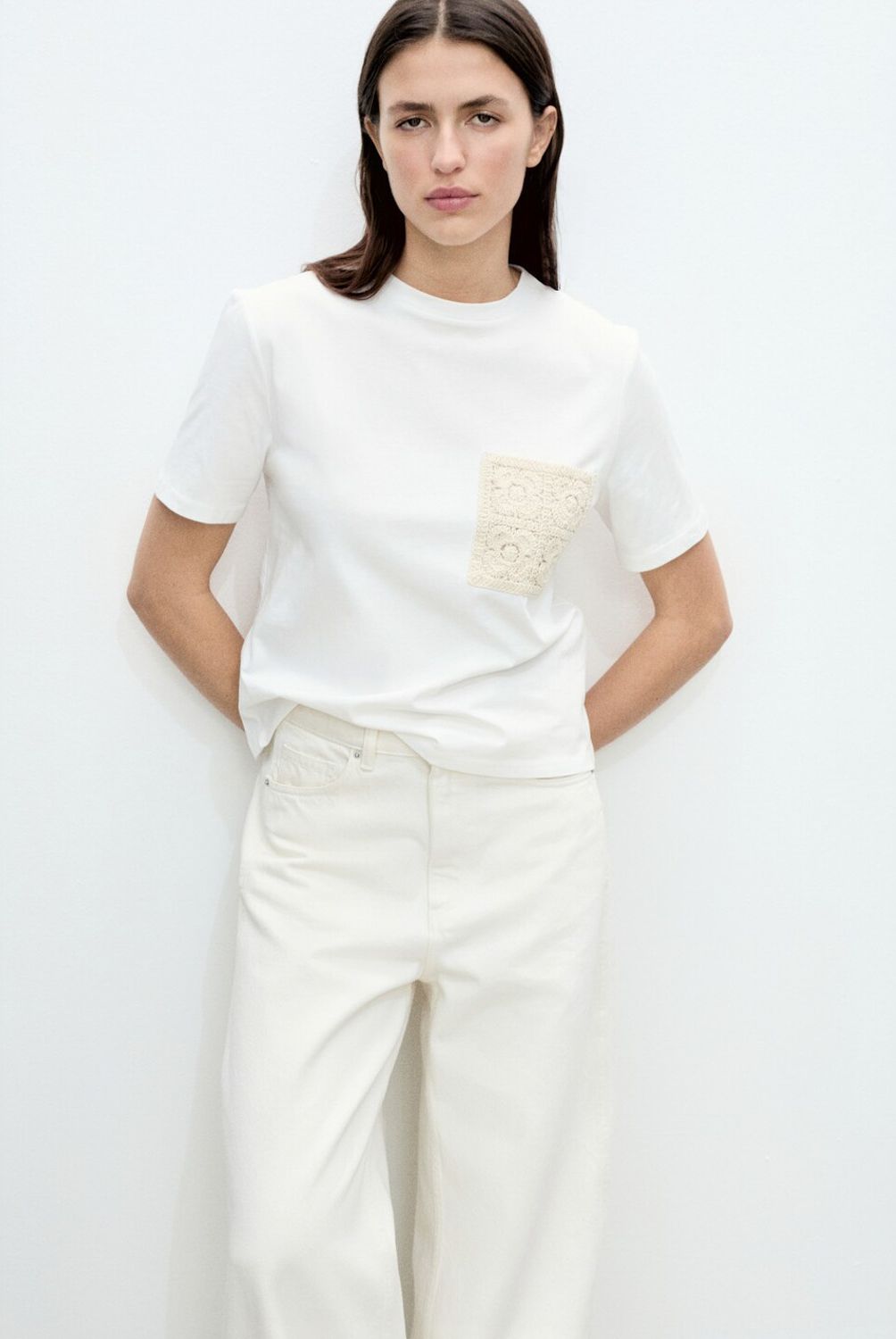 MANGO - Polera Manga Corta Bolsillo Crochet Mujer Mango