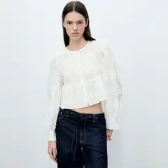 MANGO - Blusa Algodón Bordado Flores Mujer