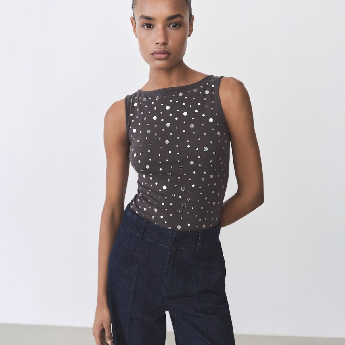 MANGO - Top Algodón Detalle Lentejuelas Mujer Mango