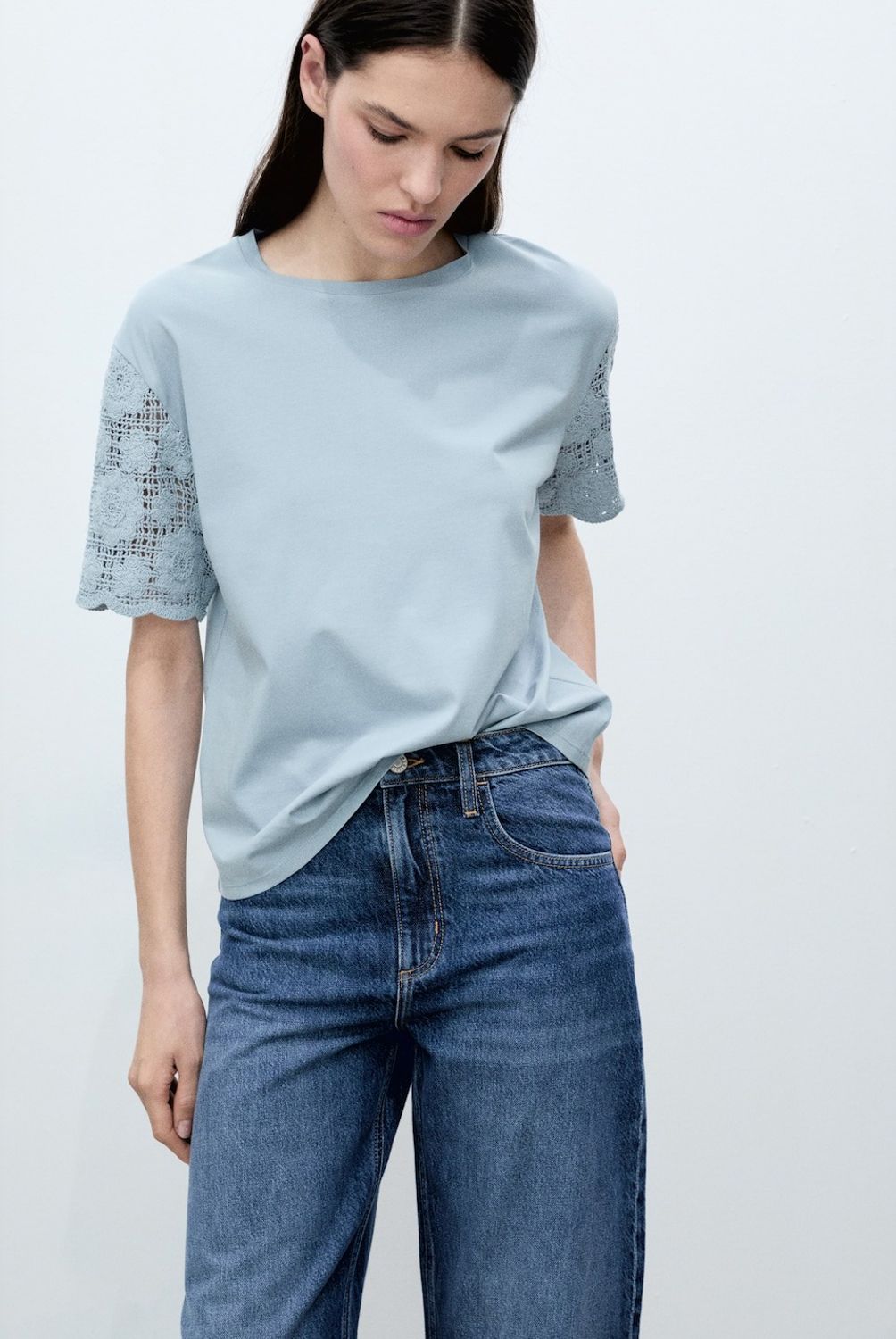 MANGO - Polera Algodón Mangas Crochet Mujer Mango