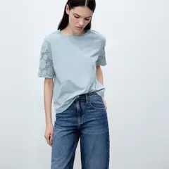 MANGO - Polera Algodón Mangas Crochet Mujer