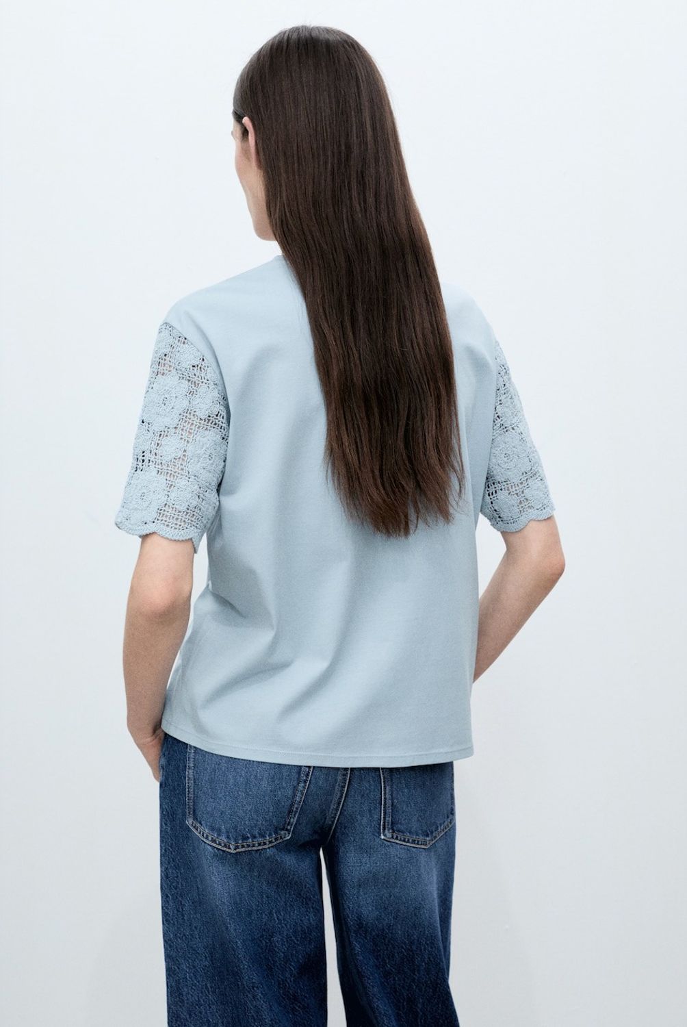 MANGO - Polera Algodón Mangas Crochet Mujer Mango