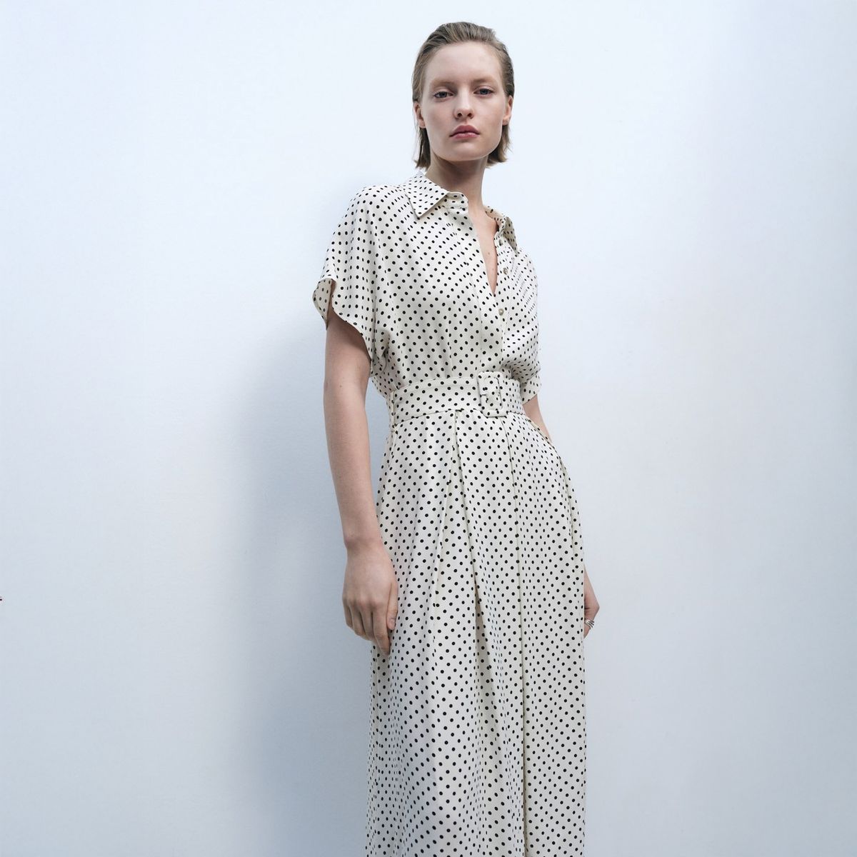 MANGO - Vestido Topos Cinturón Mujer Mango