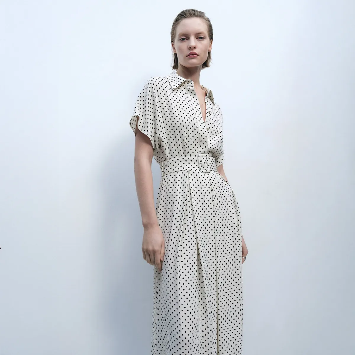 MANGO - Vestido Topos Cinturón Mujer Mango