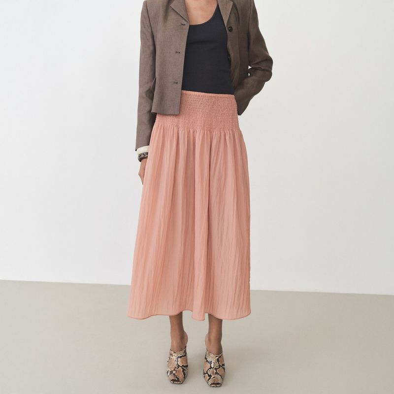 MANGO - Falda Midi Panel Fruncido Mujer Mango