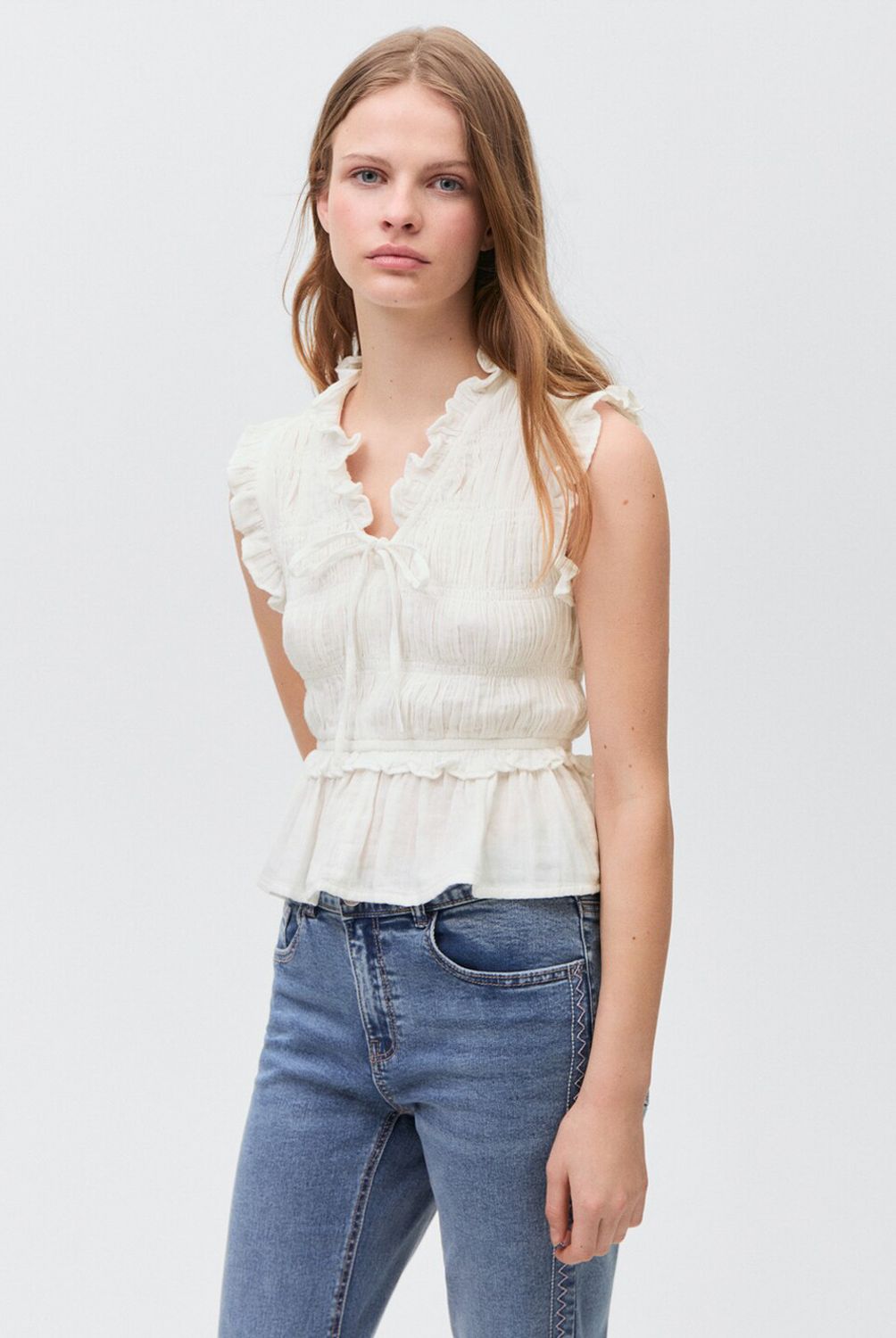 MANGO TEEN - Blusa Fruncida Volante Mujer Mango Teen