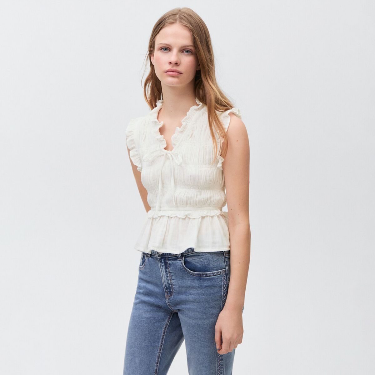 MANGO TEEN - Blusa Fruncida Volante Mujer Mango Teen