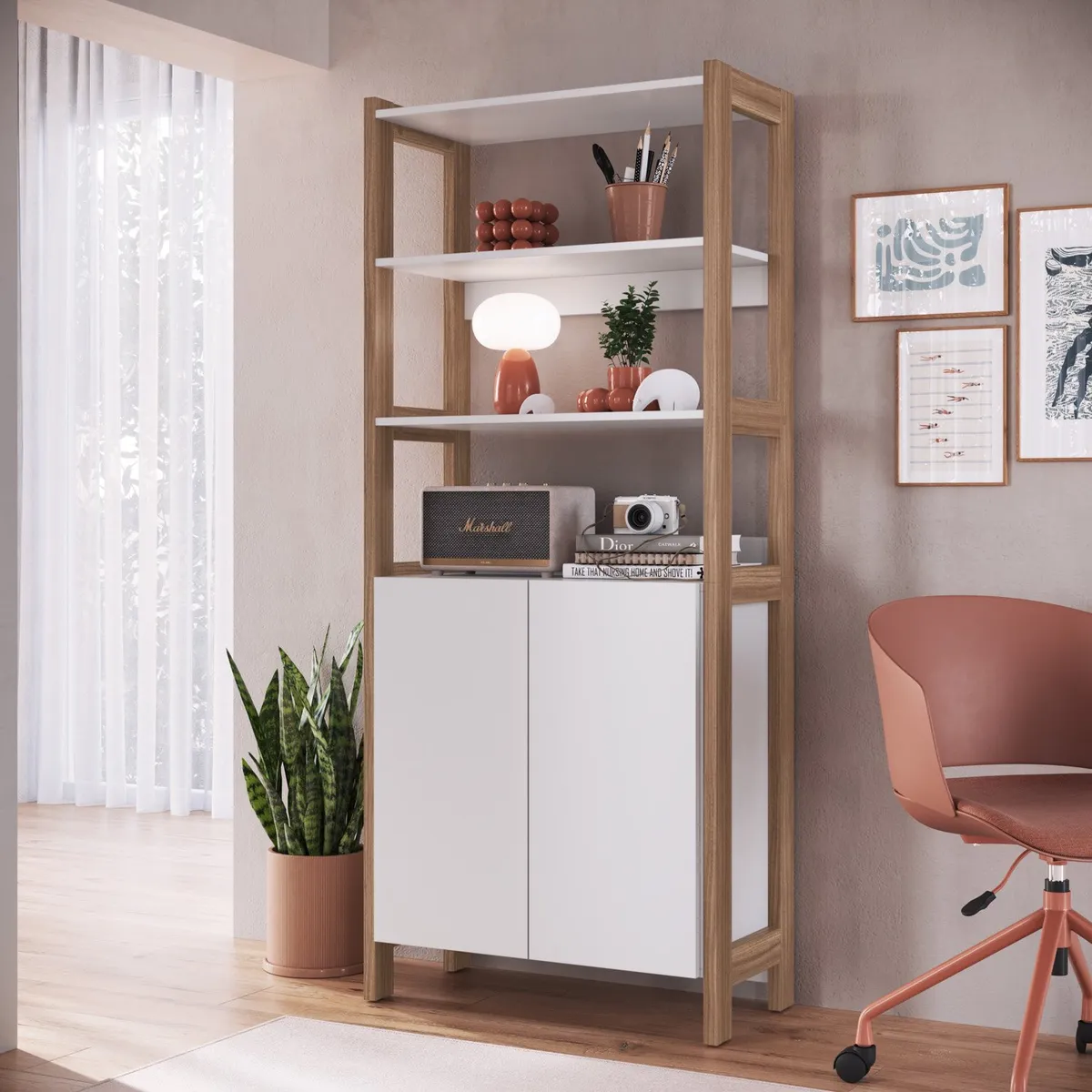 BE DESIGN - Armario 3 Divisiones Y 2 Puertas Blanco Castaño Emovell Be Design