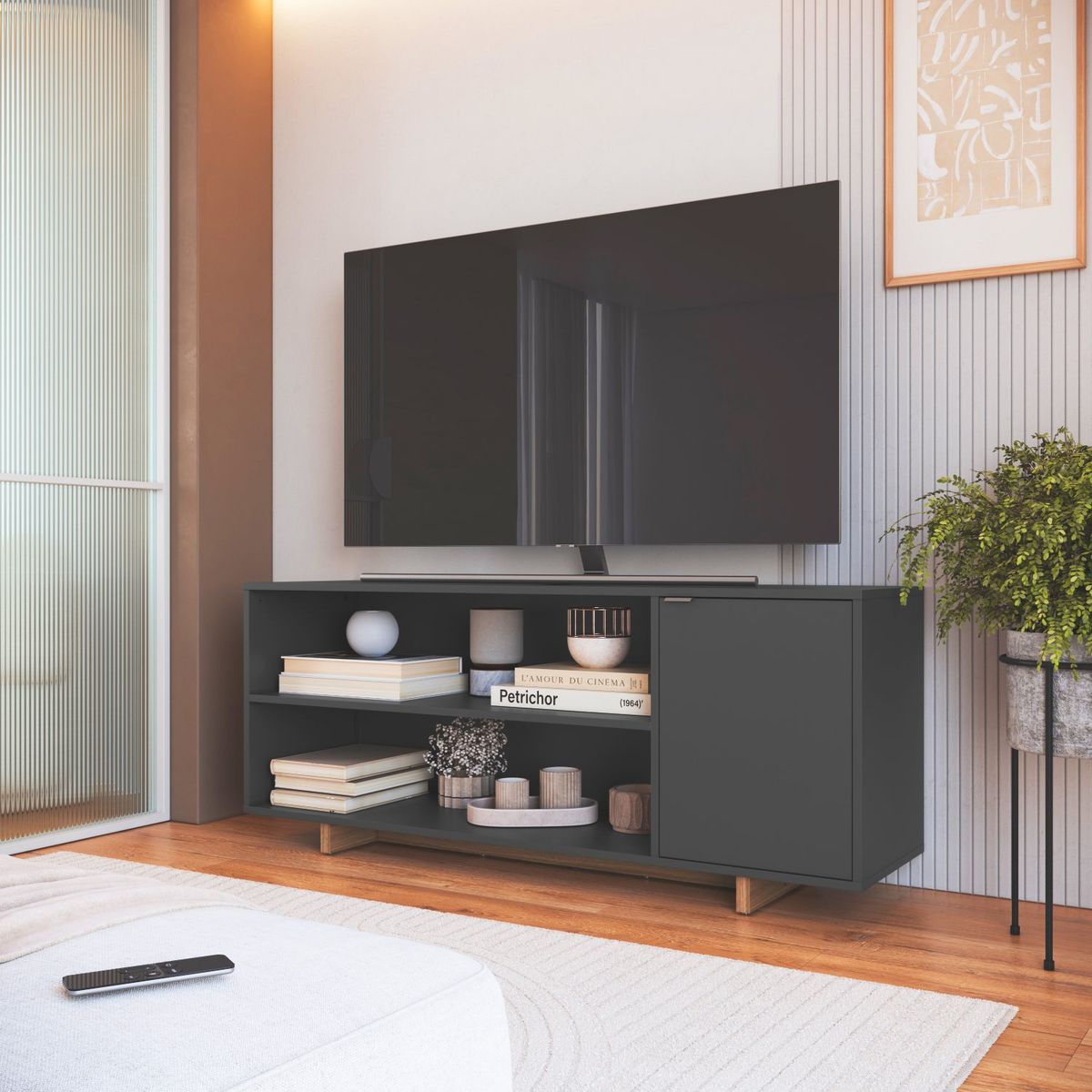 BE DESIGN - Rack Con 2 Espacios + Puerta Para Tv De 50' Gris Nomad Emovell Be Design