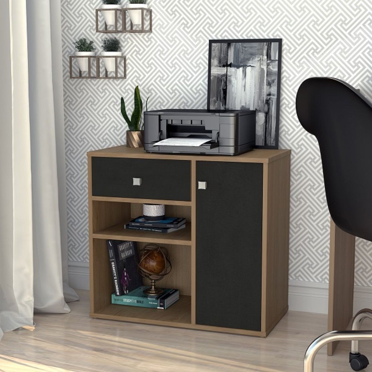 BE DESIGN - Mueble Multiuso Con Puerta Y Cajón Miel Y Negro Ravena Emovell Be Design