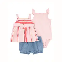 CARTER'S - Conjunto 3 Piezas Blusa, Body Y Short Bombacho Bebé Niña