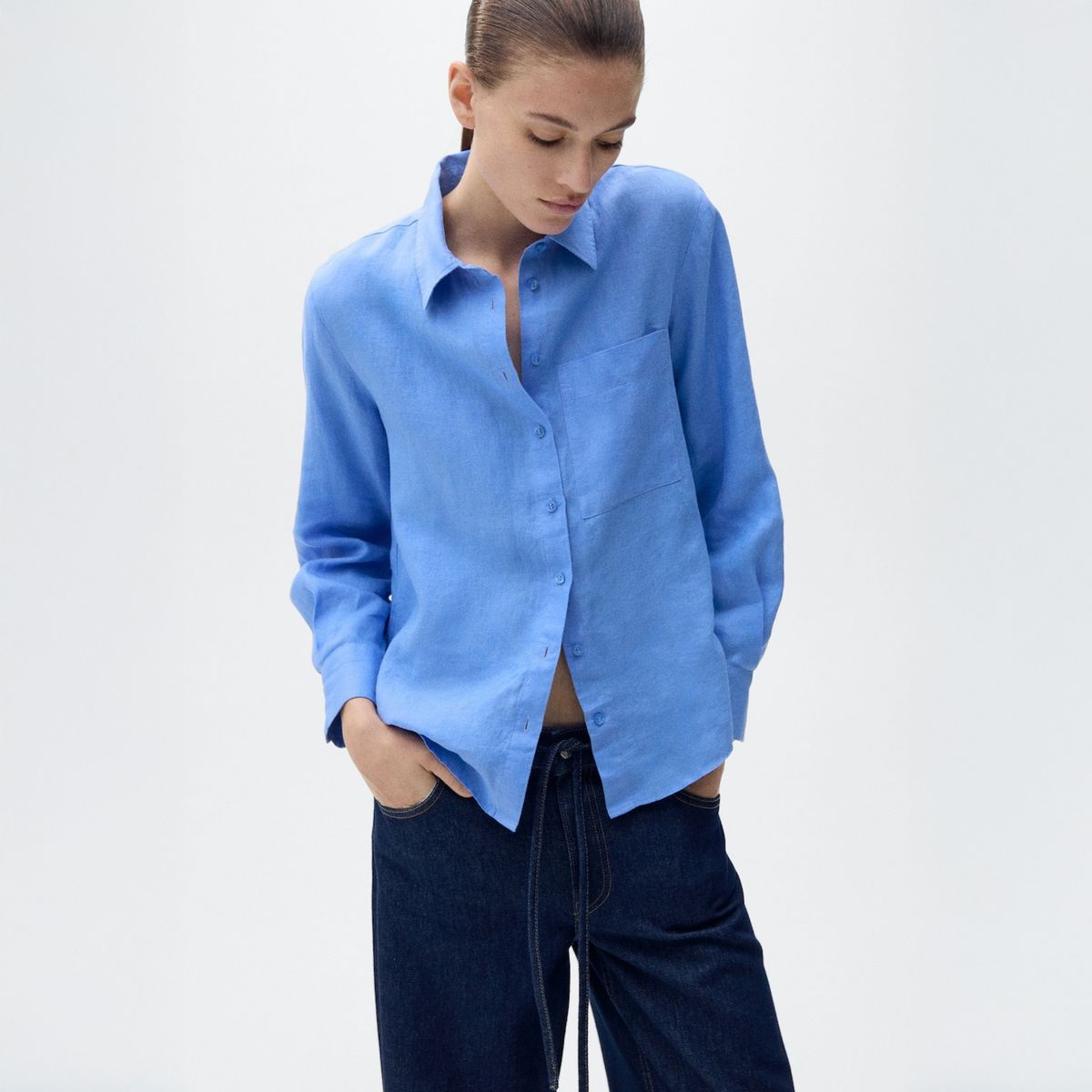 MANGO - Blusa Lino Bolsillo Mujer Mango