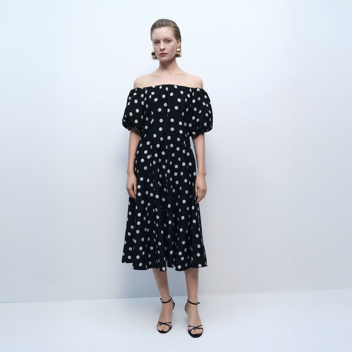 MANGO - Vestido Topos Palabra de Honor Mujer Mango