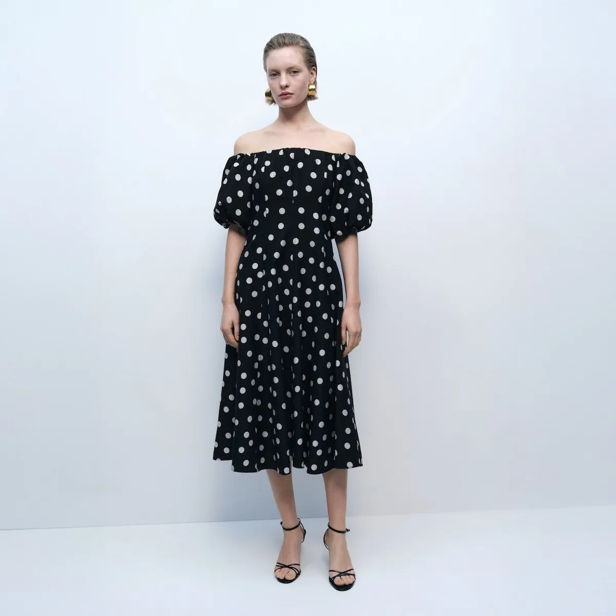 MANGO - Vestido Topos Palabra de Honor Mujer Mango