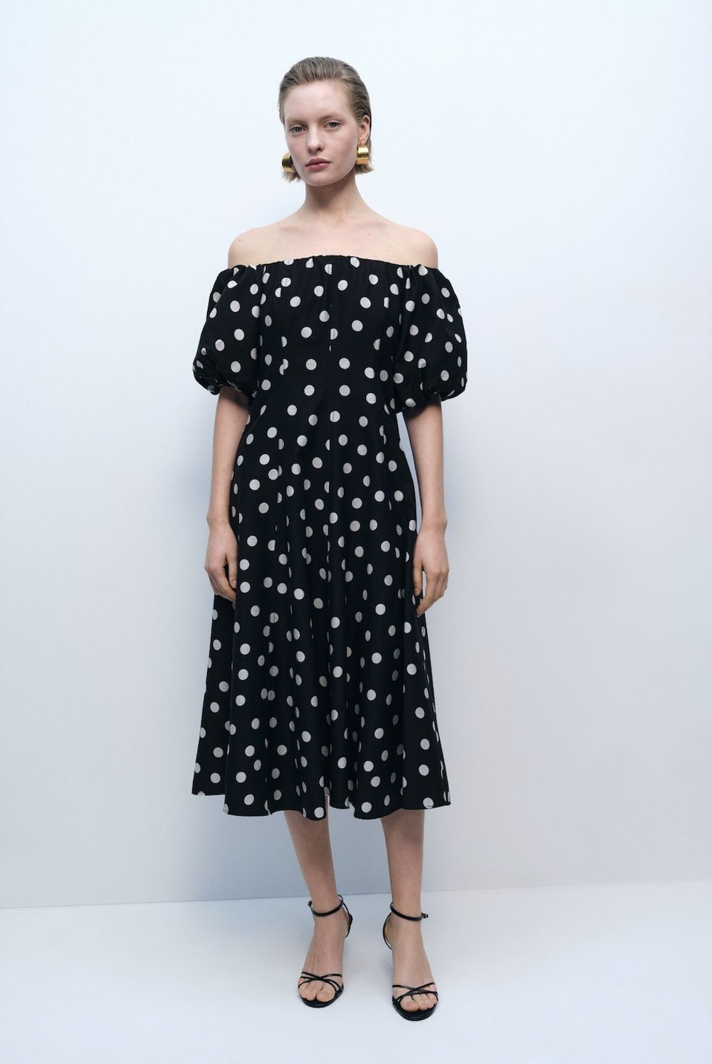 MANGO - Vestido Topos Palabra de Honor Mujer Mango