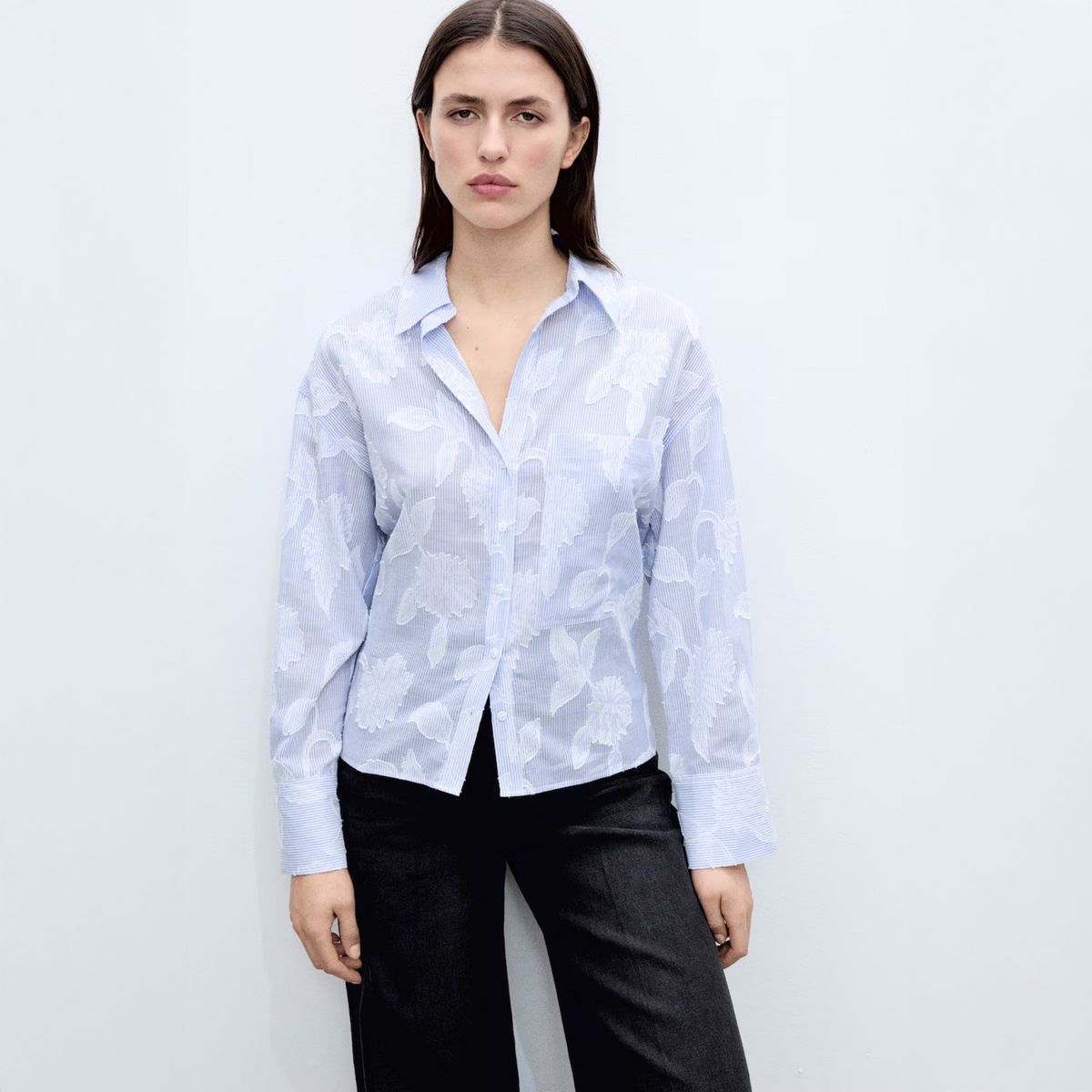 MANGO - Blusa Rayas Oversize Bordada Mujer Mango