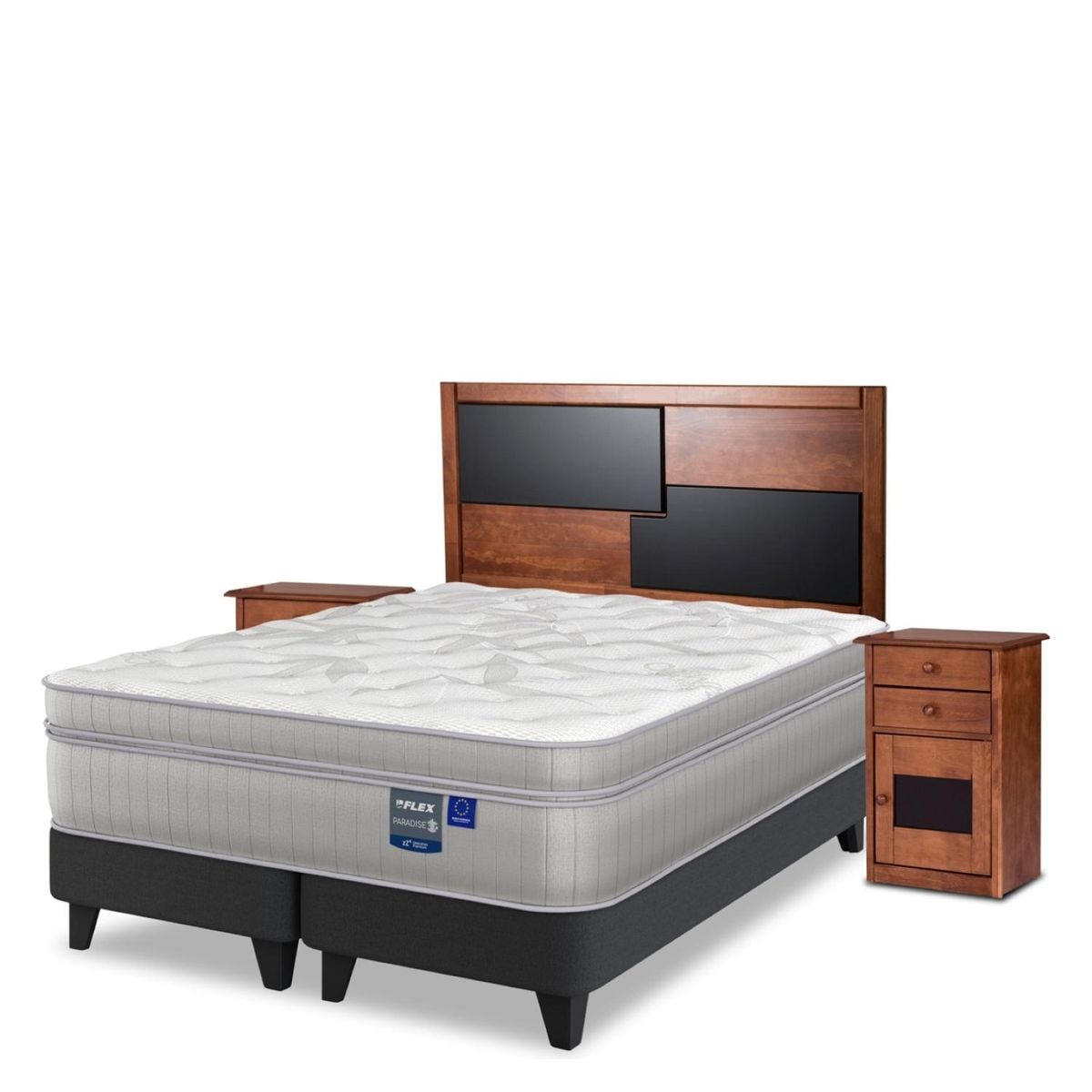 FLEX - Cama Europea Paradise 2 Plazas x 2.00mt Base Dividida + Respaldo + 2 Veladores Flex