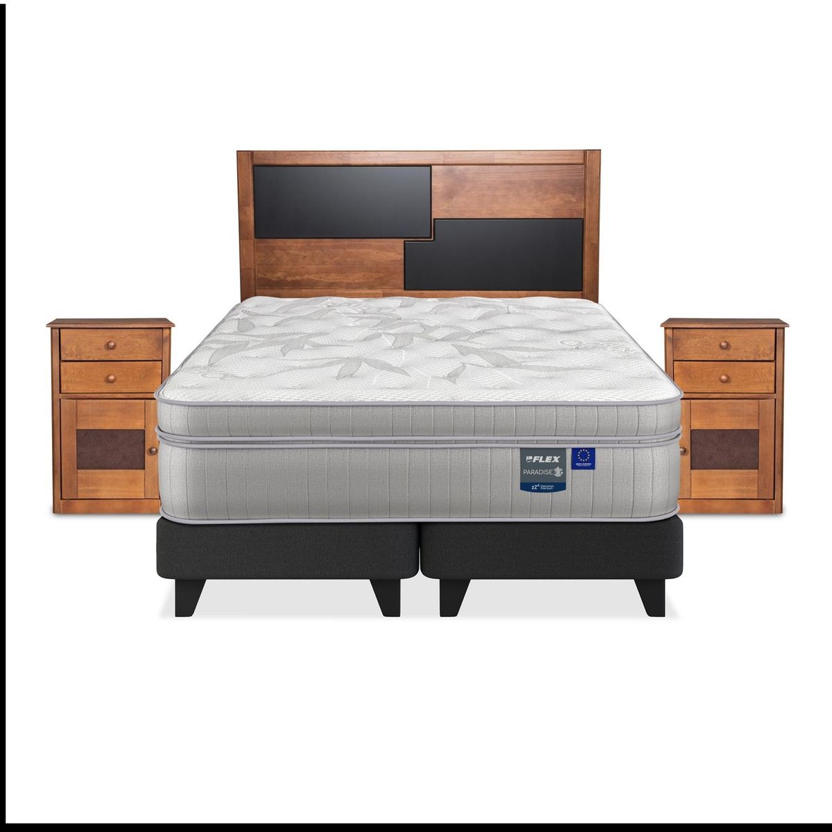 FLEX - Cama Europea Paradise 2 Plazas x 2.00mt Base Dividida + Respaldo + 2 Veladores Flex