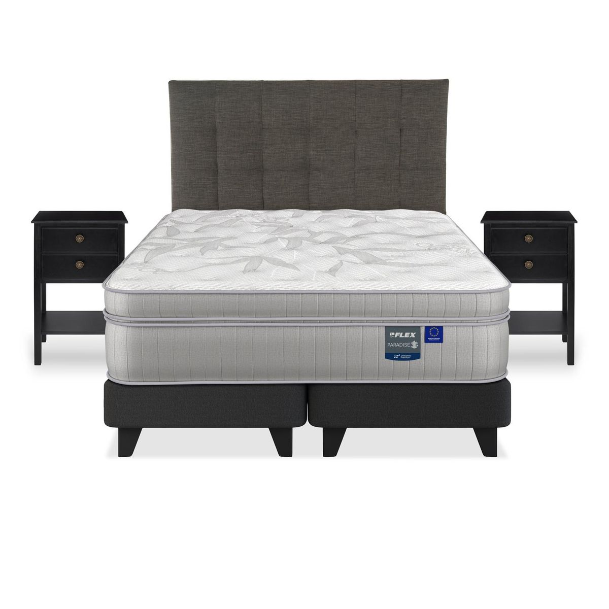 FLEX - Cama Europea Paradise 2 Plazas Box B/D + Respaldo Design Grafito + Veladores Rover Flex