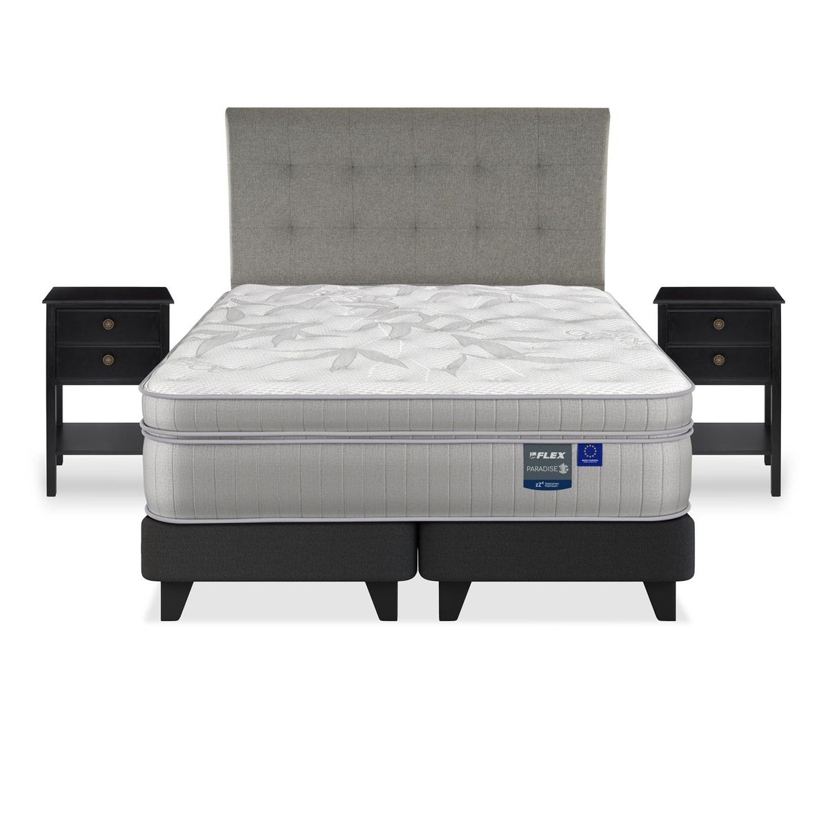 FLEX - Cama Europea Paradise 2 Plazas x 2.00mt Base Dividida + Respaldo + 2 Veladores Flex