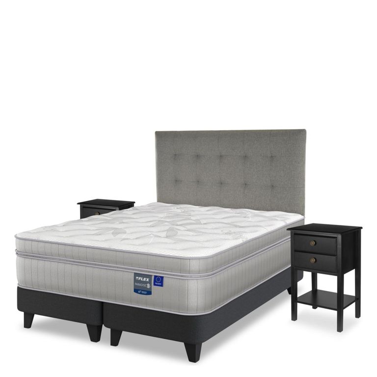 FLEX Cama Europea Paradise King x 2.00mt Base Dividida + Respaldo + 2 Veladores