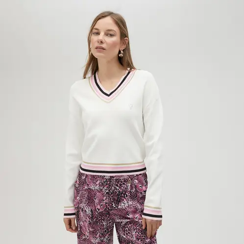 LOLA CASADEMUNT - Sweater Cuello Pico con Detalle Canalé Rayas Mujer