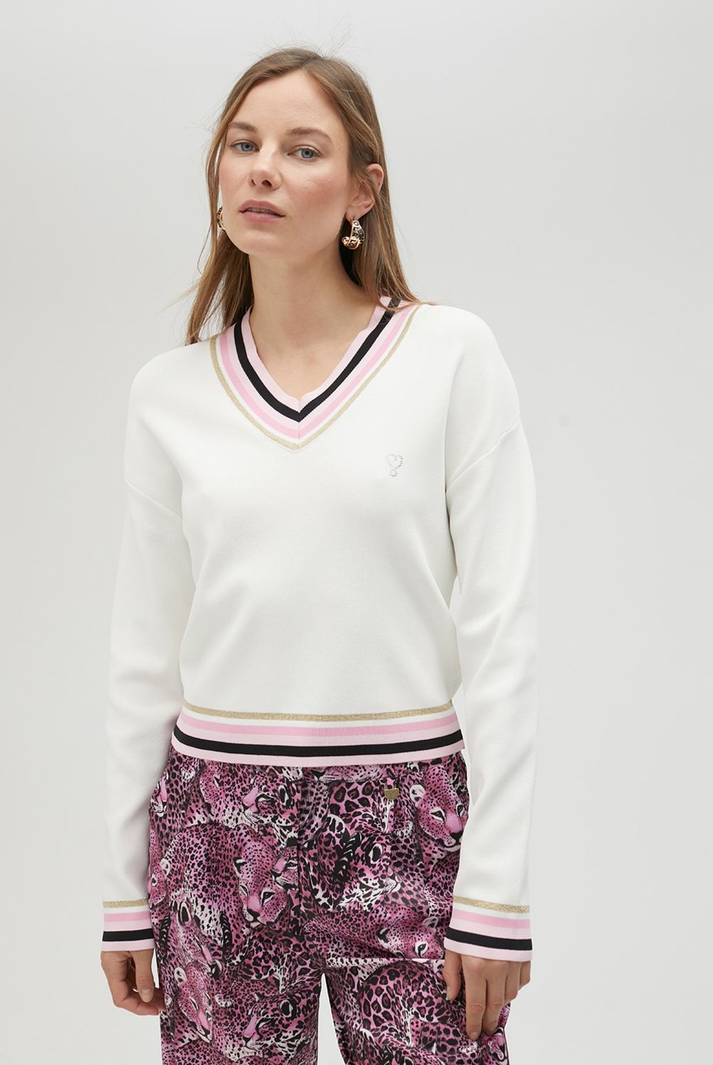 LOLA CASADEMUNT - Sweater Cuello Pico con Detalle Canalé Rayas Mujer Lola Casademunt