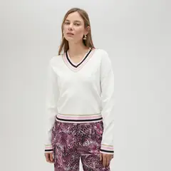LOLA CASADEMUNT - Sweater Cuello Pico con Detalle Canalé Rayas Mujer